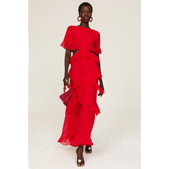 FAME & PARTNERS Red Chiffon Ruffle A-Line Mid-Cut Out Marse Gown Dress Size 2 - Picture 1 of 16